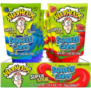 Warheads Sour Squeeze Candy (Watrmln/BlueRasp) 10x1.05oz.